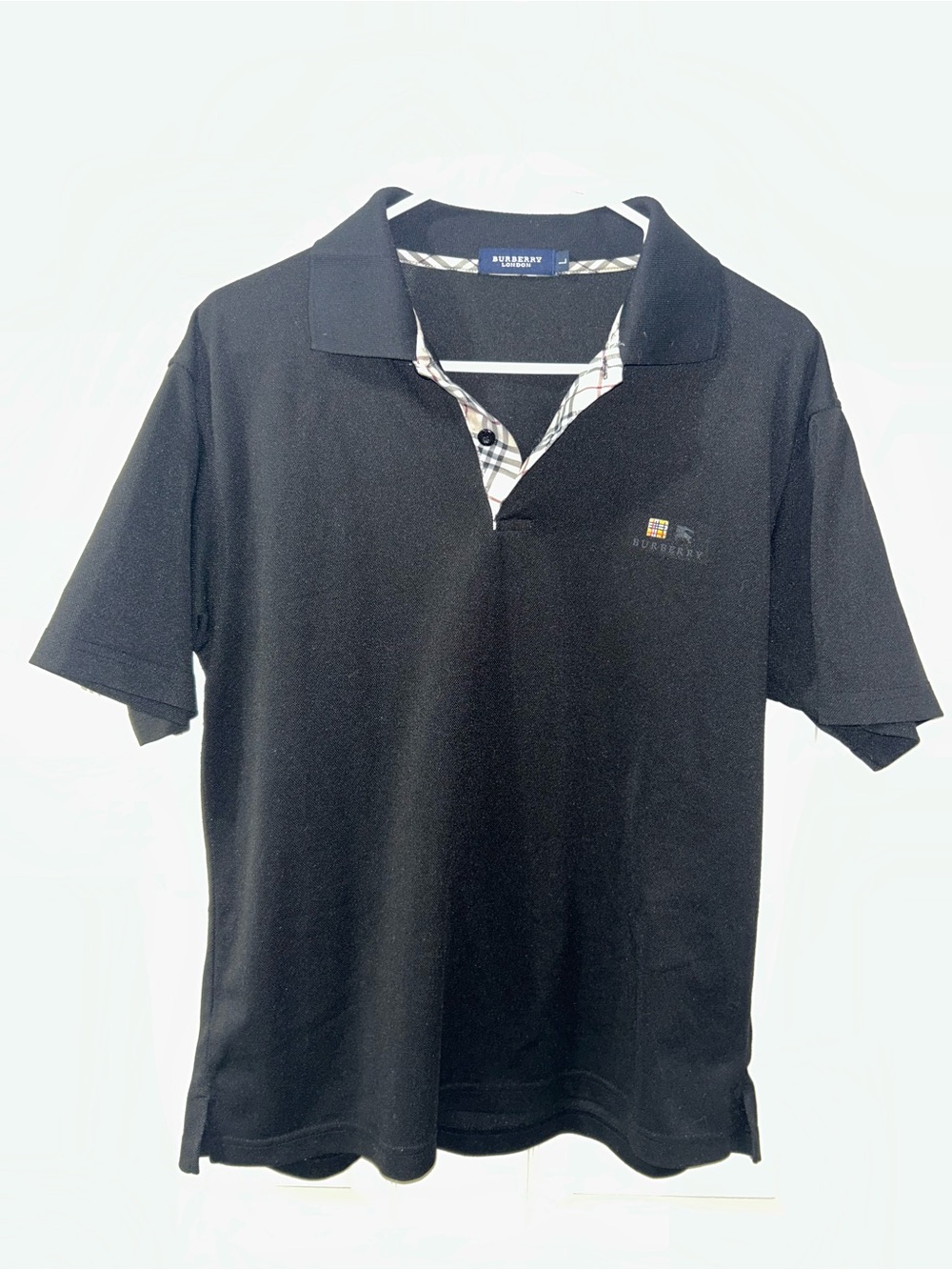 Burberry London Black Polo Shirt Men’s L Nova Check Collar 100% Cotton